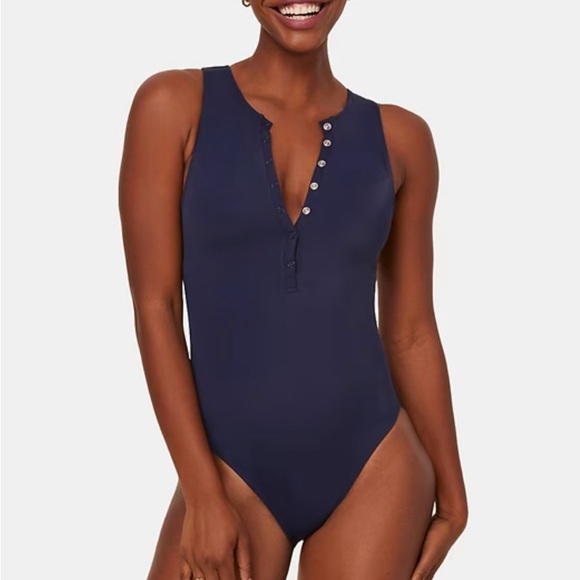 Andie Midnight Blue Button-Front One-Piece Swimsuit - Picture 1 of 6